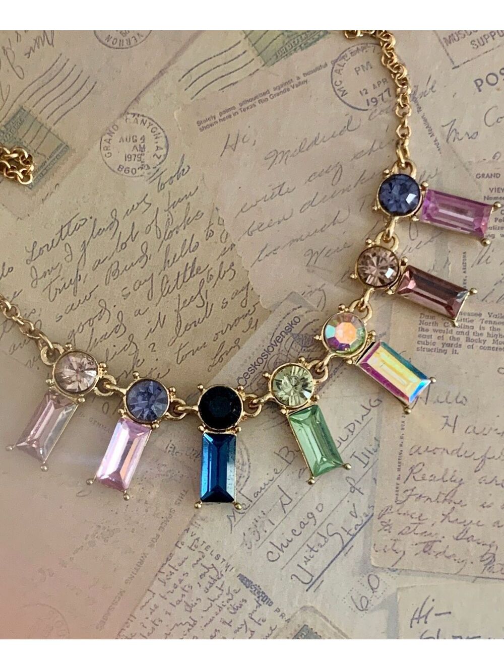 Vintage Multi-Color Baguette Crystal Statement Necklace